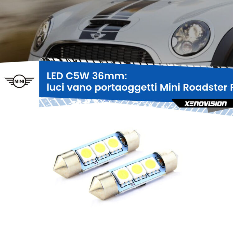 <strong>Luci Vano Portaoggetti LED per Mini Roadster</strong> R59 2012 - 2015. Coppia lampade <strong>C5W</strong> 36mm estremamente longeve.