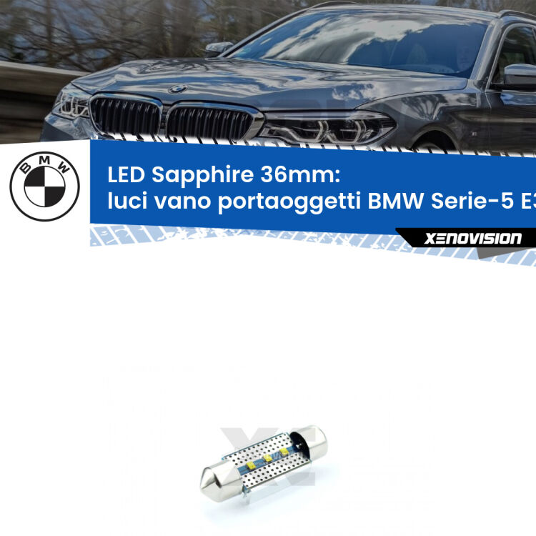 <strong>LED luci vano portaoggetti 36mm per BMW Serie-5</strong> E39 1996 - 2003. Lampadina <strong>c5W</strong> modello Sapphire Xenovision con chip led Philips.