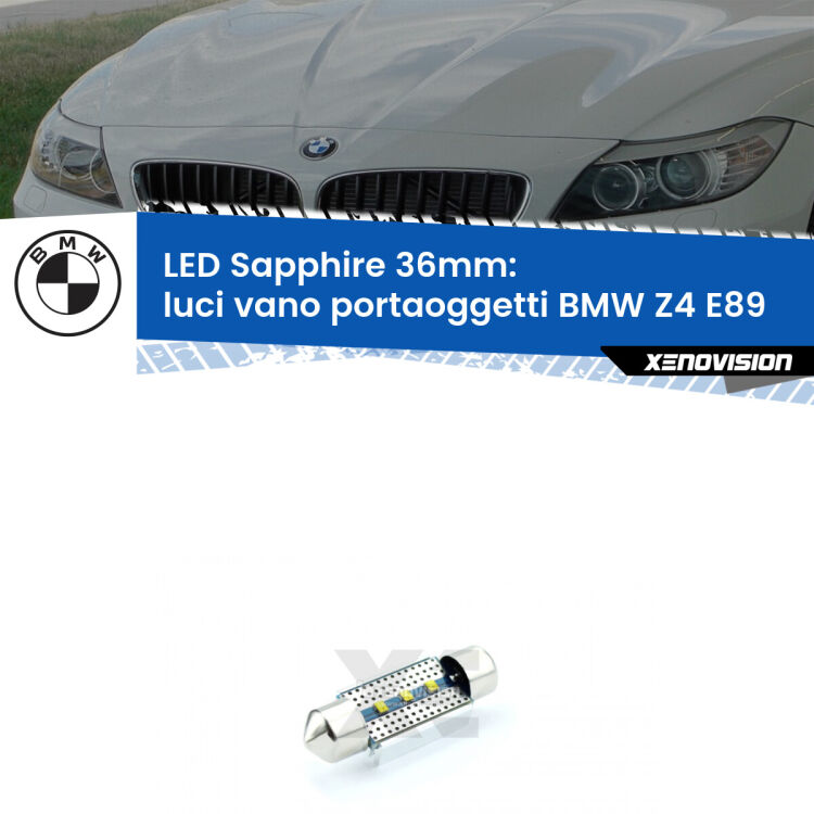 <strong>LED luci vano portaoggetti 36mm per BMW Z4</strong> E89 2009 - 2016. Lampadina <strong>c5W</strong> modello Sapphire Xenovision con chip led Philips.