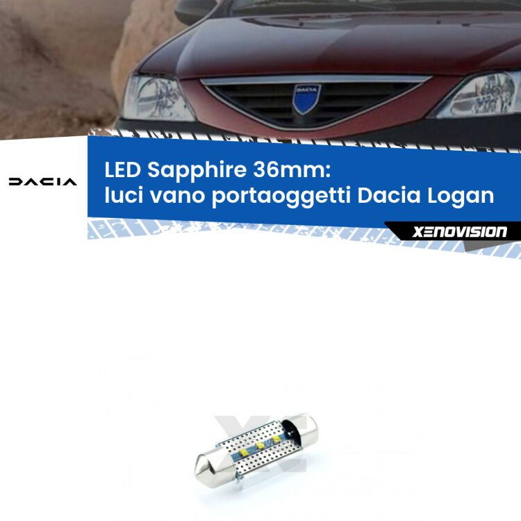 <strong>LED luci vano portaoggetti 36mm per Dacia Logan</strong>  2004 - 2011. Lampadina <strong>c5W</strong> modello Sapphire Xenovision con chip led Philips.