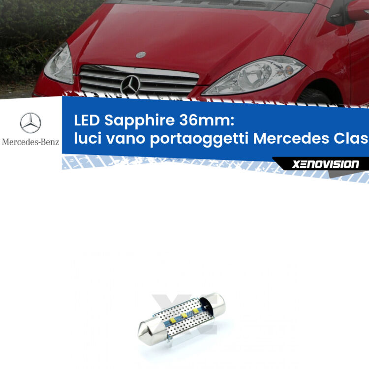 <strong>LED luci vano portaoggetti 36mm per Mercedes Classe-A</strong> W169 2004 - 2012. Lampadina <strong>c5W</strong> modello Sapphire Xenovision con chip led Philips.