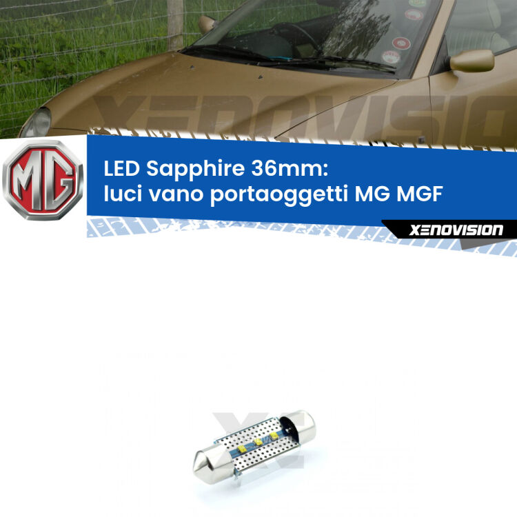 <strong>LED luci vano portaoggetti 36mm per MG MGF</strong>  1995 - 2002. Lampadina <strong>c5W</strong> modello Sapphire Xenovision con chip led Philips.