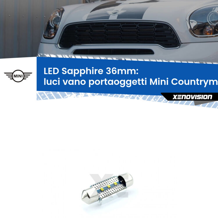 <strong>LED luci vano portaoggetti 36mm per Mini Countryman</strong> R60 2010 - 2016. Lampadina <strong>c5W</strong> modello Sapphire Xenovision con chip led Philips.