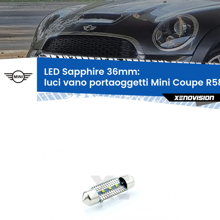 <strong>LED luci vano portaoggetti 36mm per Mini Coupe</strong> R58 2011 - 2015. Lampadina <strong>c5W</strong> modello Sapphire Xenovision con chip led Philips.