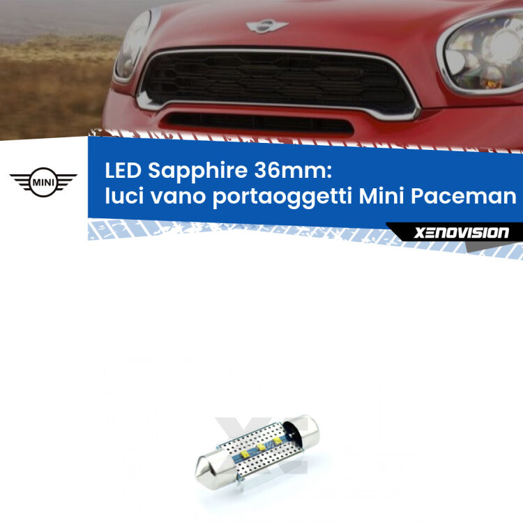 <strong>LED luci vano portaoggetti 36mm per Mini Paceman</strong> R61 2012 - 2016. Lampadina <strong>c5W</strong> modello Sapphire Xenovision con chip led Philips.