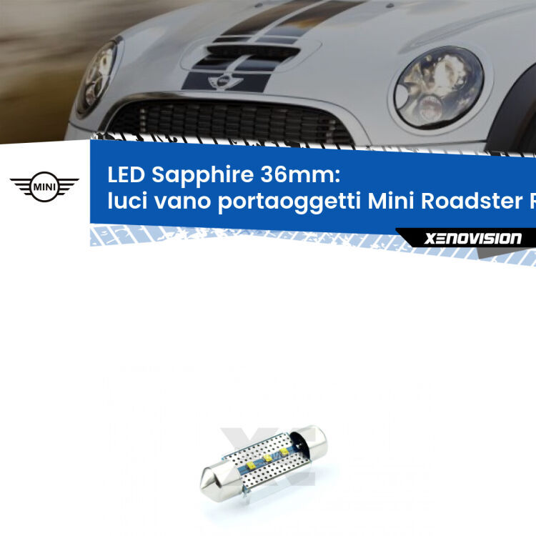 <strong>LED luci vano portaoggetti 36mm per Mini Roadster</strong> R59 2012 - 2015. Lampadina <strong>c5W</strong> modello Sapphire Xenovision con chip led Philips.