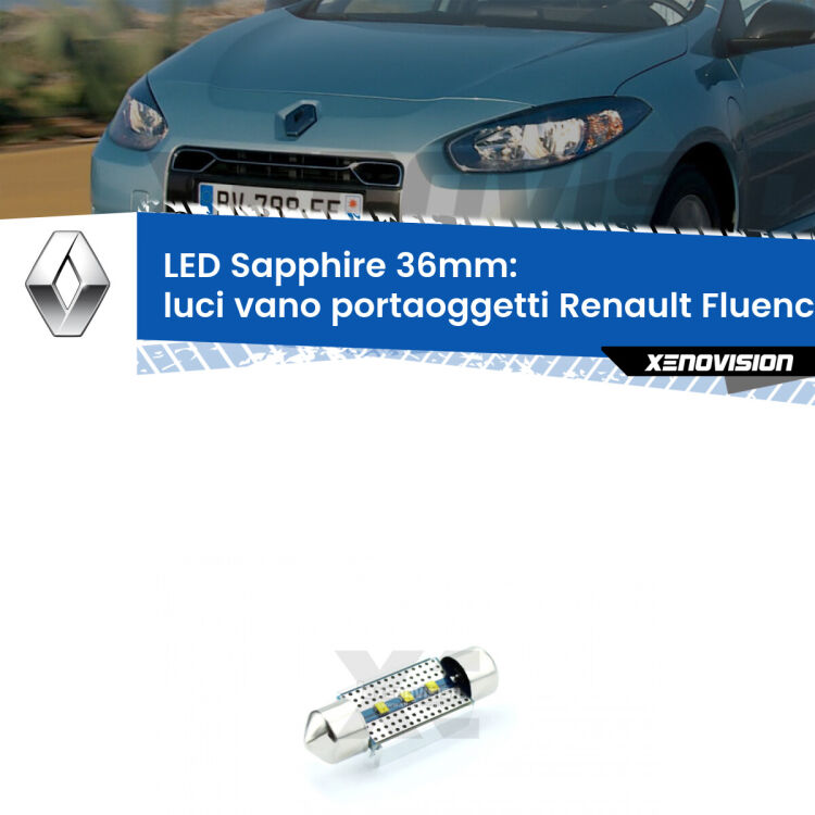 <strong>LED luci vano portaoggetti 36mm per Renault Fluence</strong>  2010 - 2015. Lampadina <strong>c5W</strong> modello Sapphire Xenovision con chip led Philips.