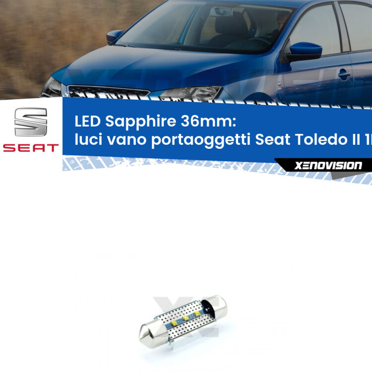 <strong>LED luci vano portaoggetti 36mm per Seat Toledo II</strong> 1M 1998 - 2006. Lampadina <strong>c5W</strong> modello Sapphire Xenovision con chip led Philips.