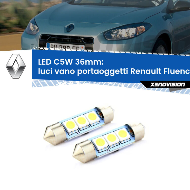 <strong>Luci Vano Portaoggetti LED per Renault Fluence</strong>  2010 - 2015. Coppia lampade <strong>C5W</strong> 36mm estremamente longeve.