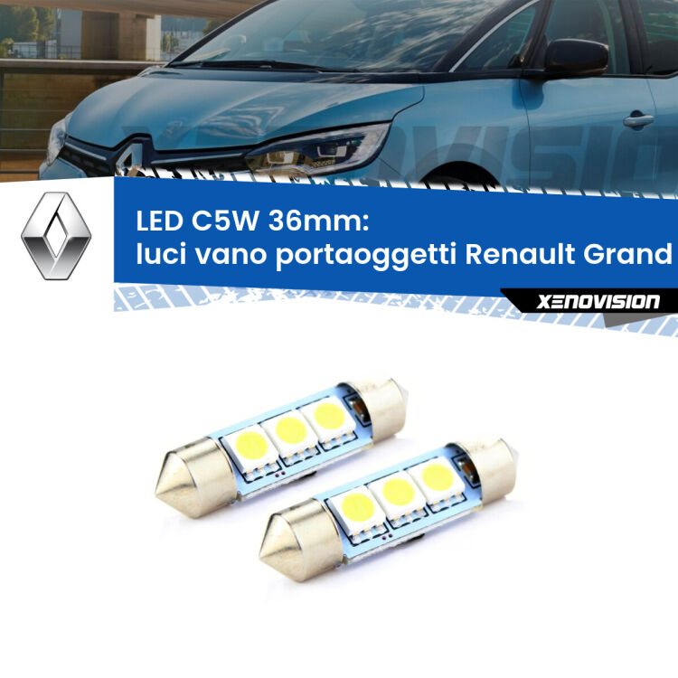 <strong>Luci Vano Portaoggetti LED per Renault Grand scenic III</strong> Mk3 2009 - 2015. Coppia lampade <strong>C5W</strong> 36mm estremamente longeve.