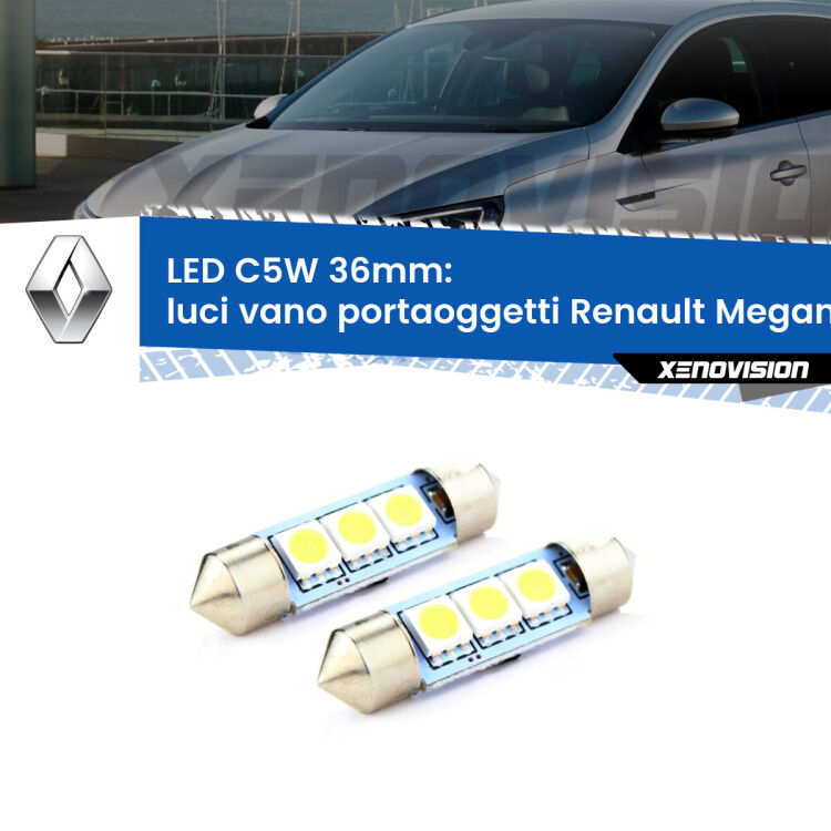 <strong>Luci Vano Portaoggetti LED per Renault Megane III</strong> Mk3 2008 - 2015. Coppia lampade <strong>C5W</strong> 36mm estremamente longeve.