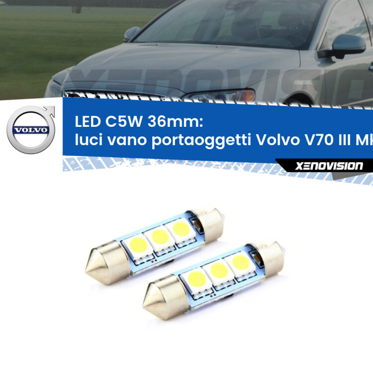 <strong>Luci Vano Portaoggetti LED per Volvo V70 III</strong> Mk3 2008 - 2016. Coppia lampade <strong>C5W</strong> 36mm estremamente longeve.