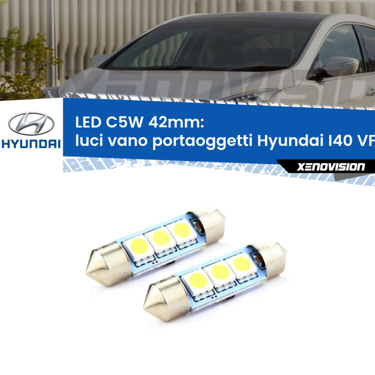 <strong>Luci Vano Portaoggetti LED per Hyundai I40</strong> VF 2012 in poi. Coppia lampade <strong>C5W</strong> 42mm estremamente longeve.