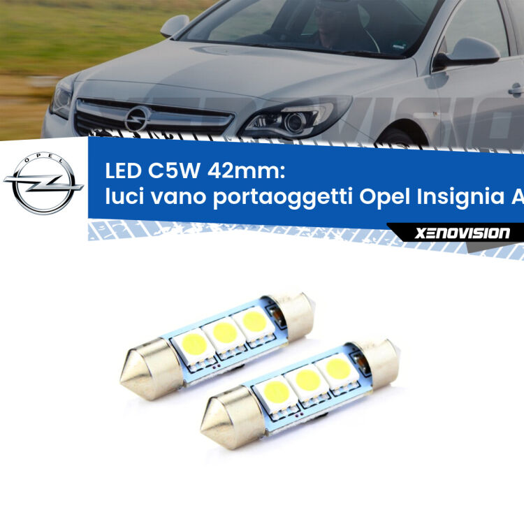 <strong>Luci Vano Portaoggetti LED per Opel Insignia A</strong> G09 2008 - 2013. Coppia lampade <strong>C5W</strong> 42mm estremamente longeve.