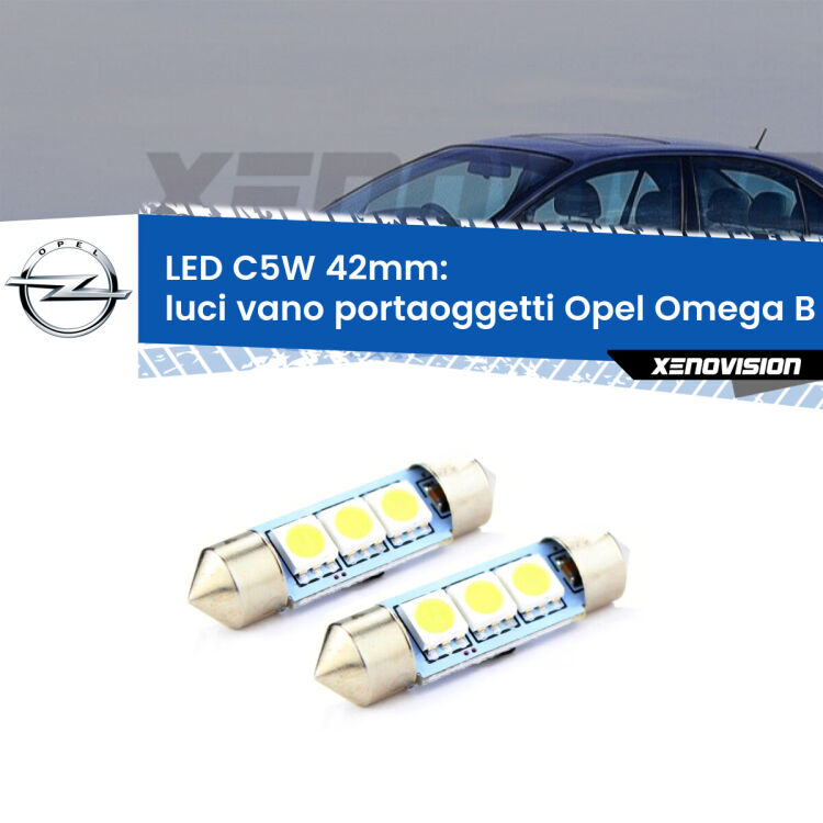 <strong>Luci Vano Portaoggetti LED per Opel Omega B</strong> V94 1994 - 2003. Coppia lampade <strong>C5W</strong> 42mm estremamente longeve.