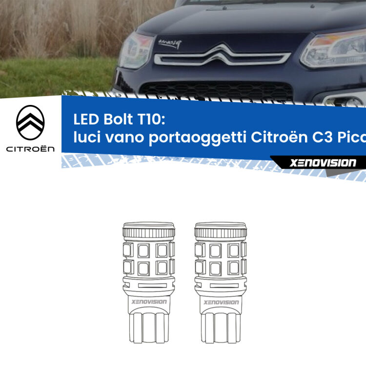 <strong>Luci Vano Portaoggetti LED per Citroën C3 Picasso</strong>  2009 - 2016. Coppia lampade <strong>T10</strong> modello Bolt canbus.