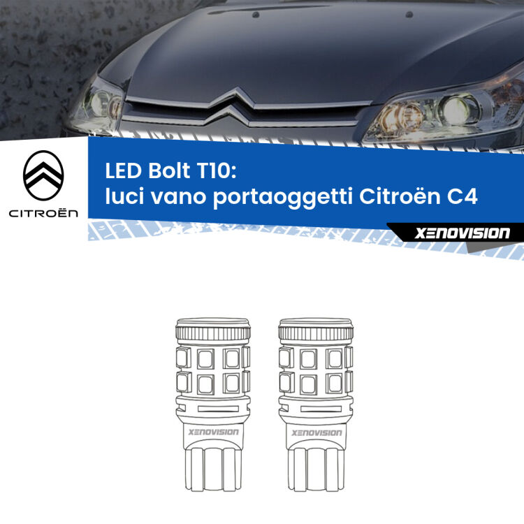 <strong>Luci Vano Portaoggetti LED per Citroën C4</strong>  2004 - 2011. Coppia lampade <strong>T10</strong> modello Bolt canbus.