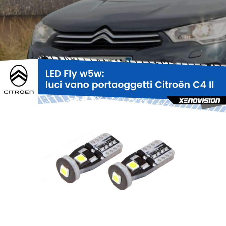 <strong>luci vano portaoggetti LED per Citroën C4</strong> II 2009 - 2016. Coppia lampadine <strong>w5w</strong> Canbus compatte modello Fly Xenovision.