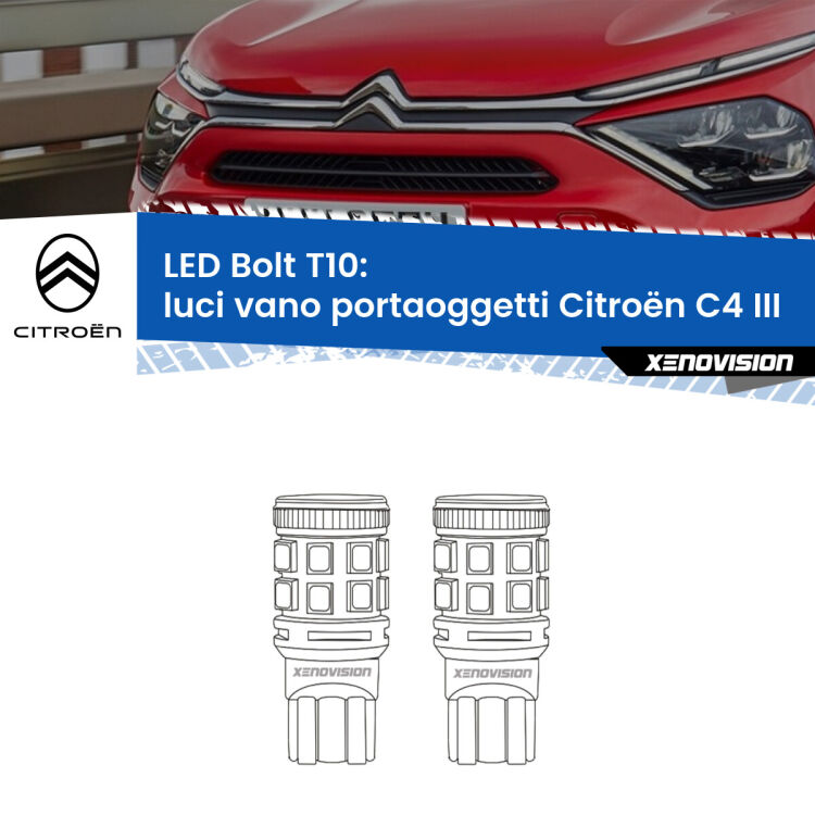 <strong>Luci Vano Portaoggetti LED per Citroën C4</strong> III 2020 in poi. Coppia lampade <strong>T10</strong> modello Bolt canbus.