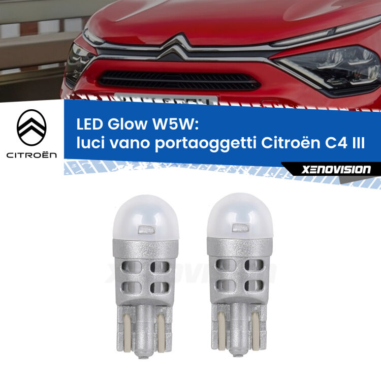 <strong>Luci Vano Portaoggetti LED luce calda per Citroën C4</strong> III 2020 in poi. Coppia lampade <strong>W5W</strong> modello Glow di Xenovision.