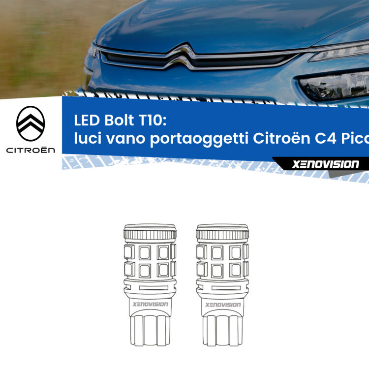 <strong>Luci Vano Portaoggetti LED per Citroën C4 Picasso</strong> II 2013 in poi. Coppia lampade <strong>T10</strong> modello Bolt canbus.