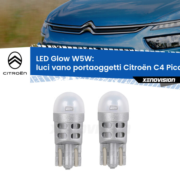 <strong>Luci Vano Portaoggetti LED luce calda per Citroën C4 Picasso</strong> II 2013 in poi. Coppia lampade <strong>W5W</strong> modello Glow di Xenovision.