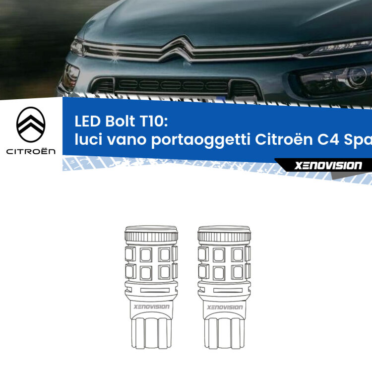 <strong>Luci Vano Portaoggetti LED per Citroën C4 Spacetourer</strong>  2018 in poi. Coppia lampade <strong>T10</strong> modello Bolt canbus.