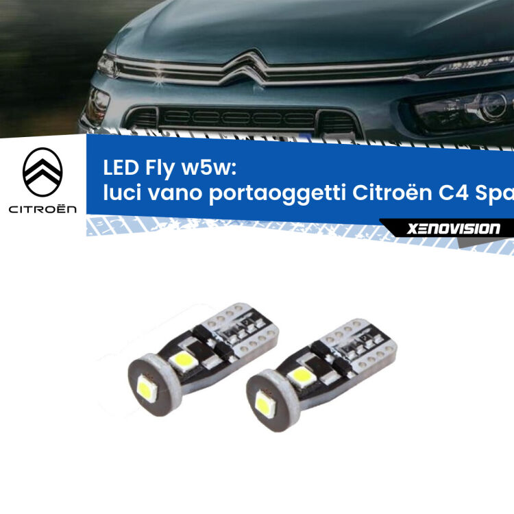 <strong>luci vano portaoggetti LED per Citroën C4 Spacetourer</strong>  2018 in poi. Coppia lampadine <strong>w5w</strong> Canbus compatte modello Fly Xenovision.