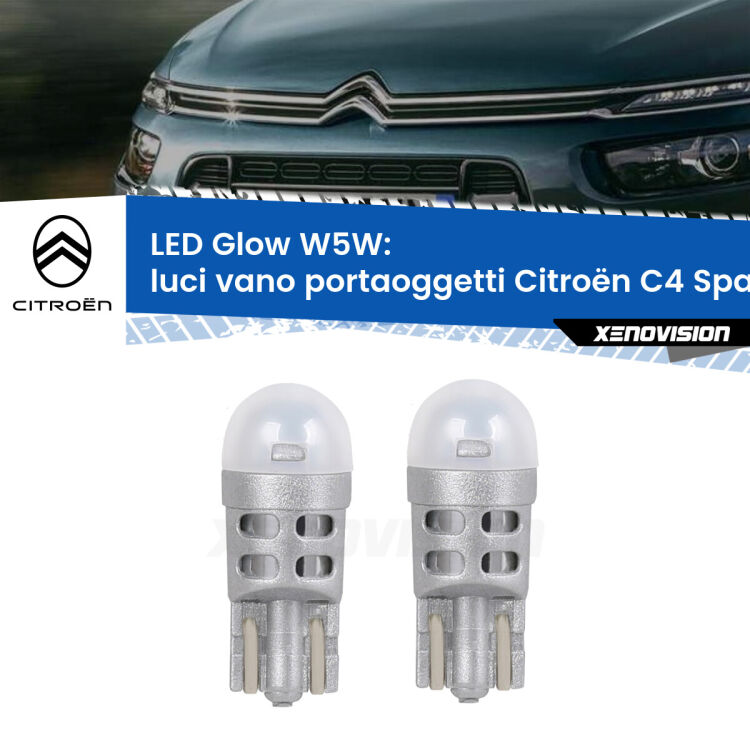 <strong>Luci Vano Portaoggetti LED luce calda per Citroën C4 Spacetourer</strong>  2018 in poi. Coppia lampade <strong>W5W</strong> modello Glow di Xenovision.