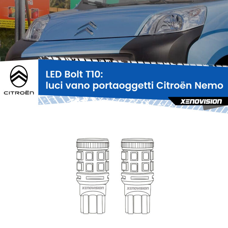 <strong>Luci Vano Portaoggetti LED per Citroën Nemo</strong>  2008 in poi. Coppia lampade <strong>T10</strong> modello Bolt canbus.