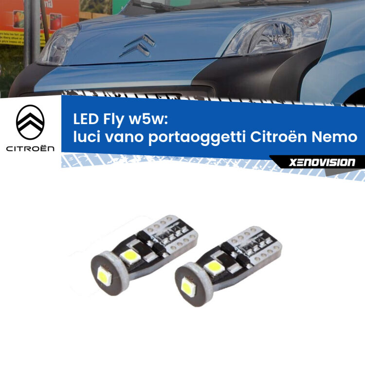 <strong>luci vano portaoggetti LED per Citroën Nemo</strong>  2008 in poi. Coppia lampadine <strong>w5w</strong> Canbus compatte modello Fly Xenovision.