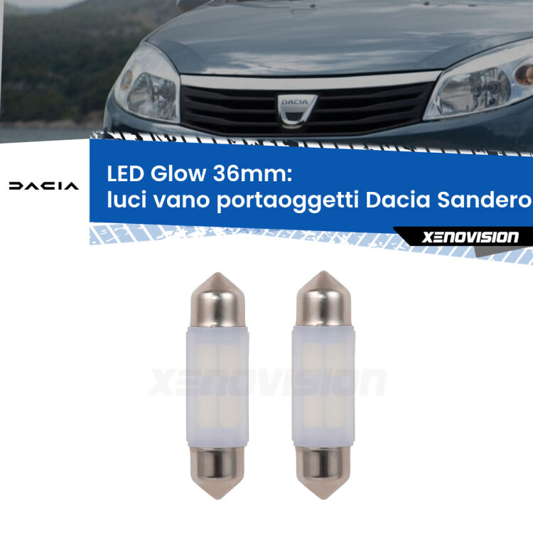 <strong>Luci Vano Portaoggetti LED luce calda per Dacia Sandero I</strong>  2008 - 2012. Coppia lampade <strong>C5W</strong> 36mm modello Glow di Xenovision.