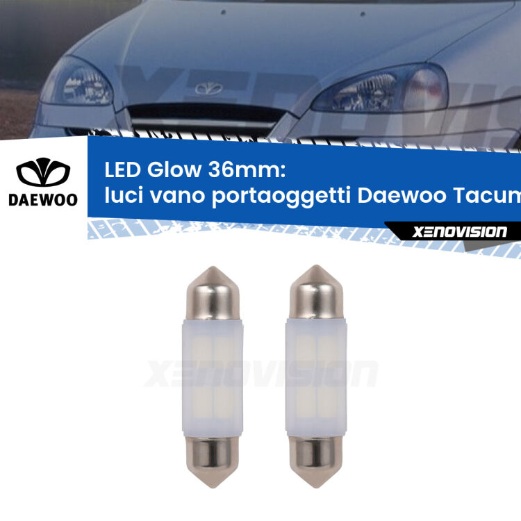 <strong>Luci Vano Portaoggetti LED luce calda per Daewoo Tacuma</strong>  2000 - 2005. Coppia lampade <strong>C5W</strong> 36mm modello Glow di Xenovision.