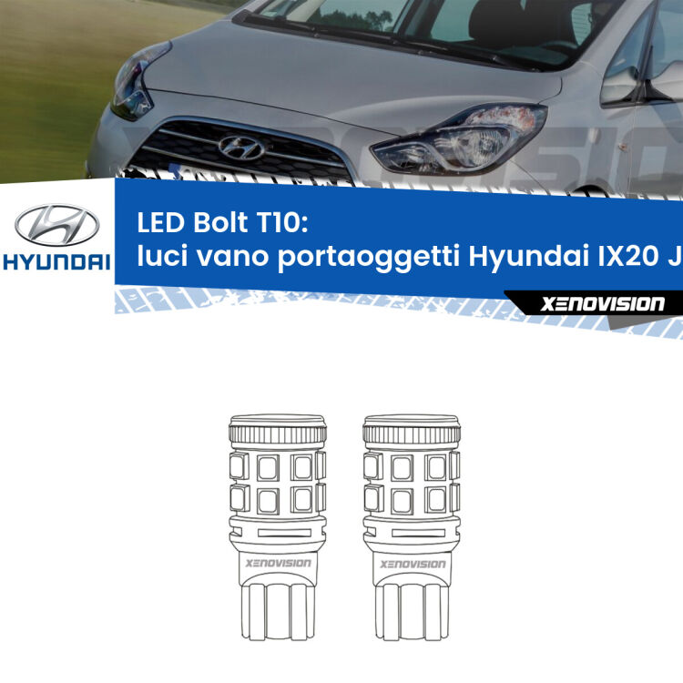 <strong>Luci Vano Portaoggetti LED per Hyundai IX20</strong> JC 2010 in poi. Coppia lampade <strong>T10</strong> modello Bolt canbus.