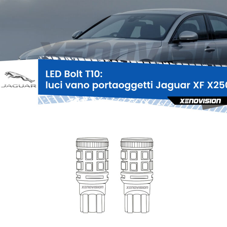 <strong>Luci Vano Portaoggetti LED per Jaguar XF</strong> X250 2007 - 2015. Coppia lampade <strong>T10</strong> modello Bolt canbus.