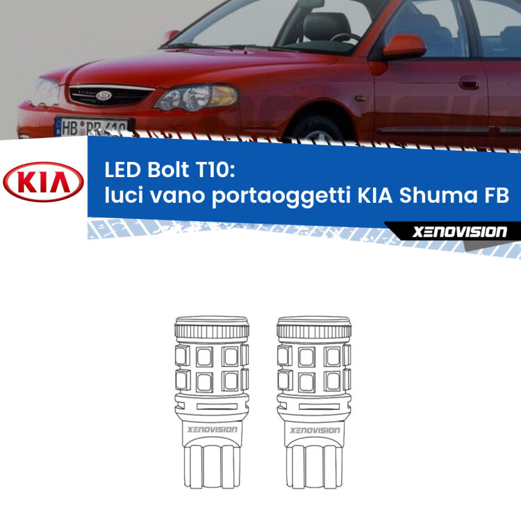 <strong>Luci Vano Portaoggetti LED per KIA Shuma</strong> FB 1997 - 2000. Coppia lampade <strong>T10</strong> modello Bolt canbus.