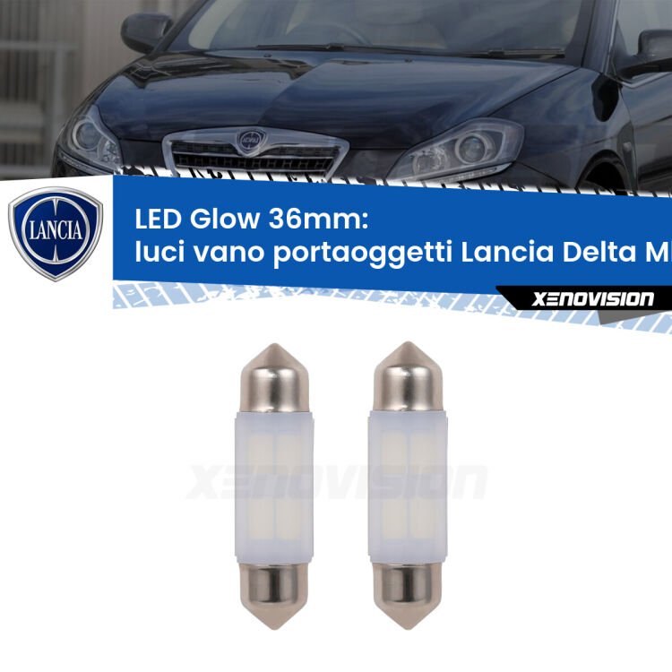 <strong>Luci Vano Portaoggetti LED luce calda per Lancia Delta MkIII</strong> 844 2008 - 2014. Coppia lampade <strong>C5W</strong> 36mm modello Glow di Xenovision.