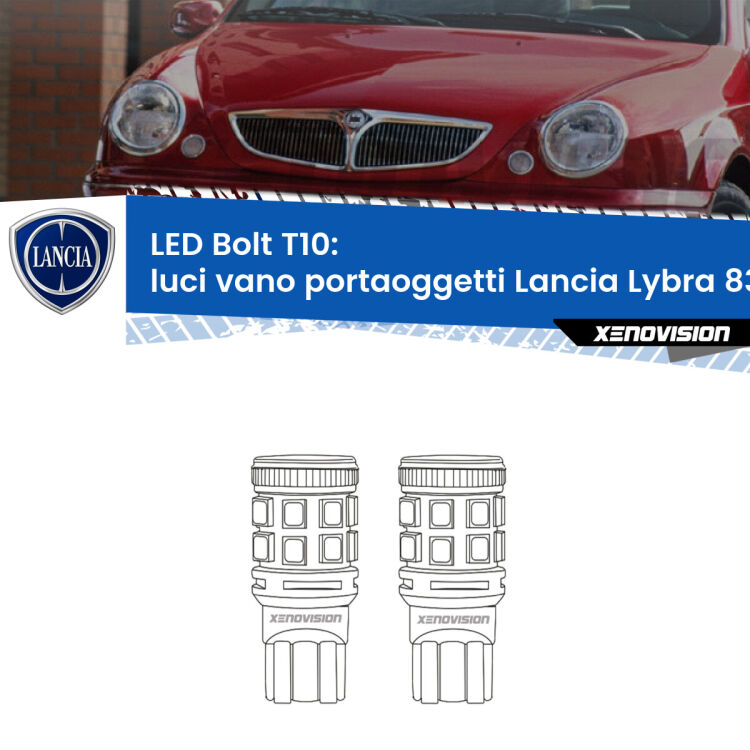 <strong>Luci Vano Portaoggetti LED per Lancia Lybra</strong> 839 1999 - 2005. Coppia lampade <strong>T10</strong> modello Bolt canbus.