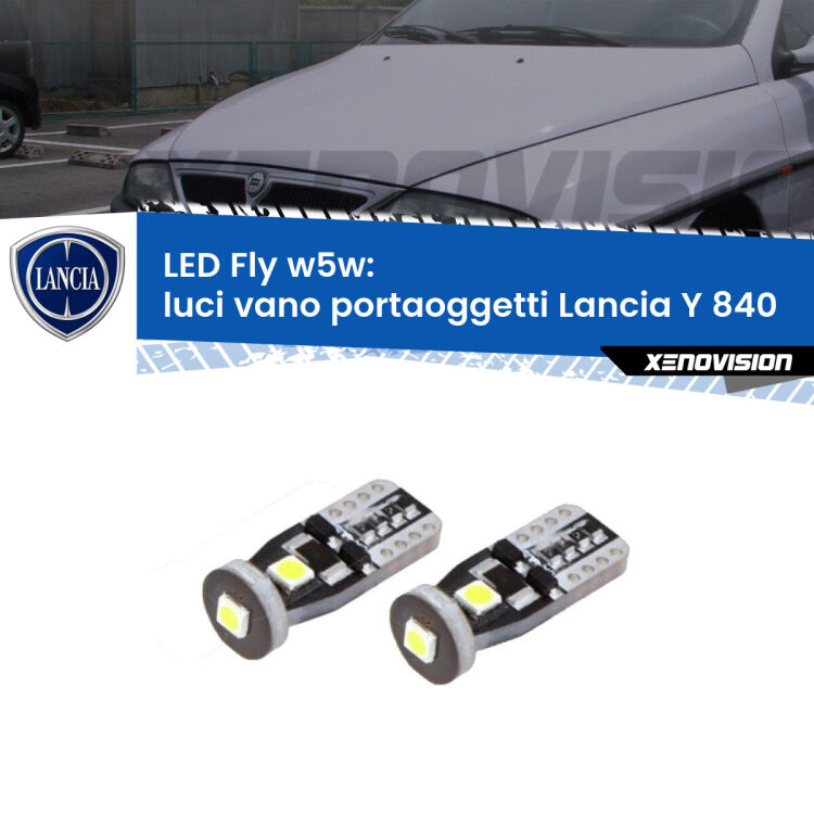 <strong>luci vano portaoggetti LED per Lancia Y</strong> 840 1995 - 2003. Coppia lampadine <strong>w5w</strong> Canbus compatte modello Fly Xenovision.