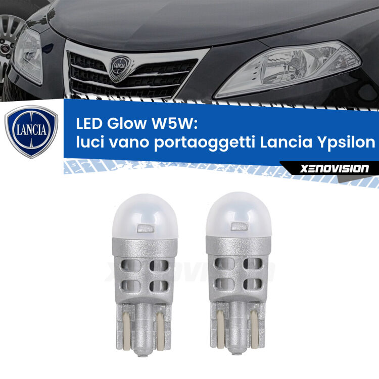 <strong>Luci Vano Portaoggetti LED luce calda per Lancia Ypsilon</strong> 312 2011 in poi. Coppia lampade <strong>W5W</strong> modello Glow di Xenovision.