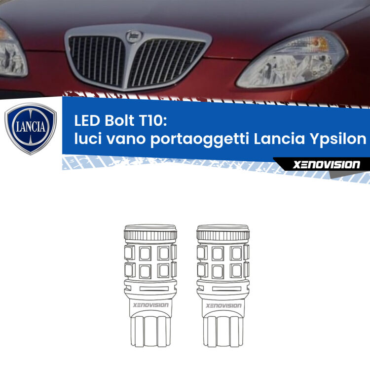 <strong>Luci Vano Portaoggetti LED per Lancia Ypsilon</strong> 843 2003 - 2011. Coppia lampade <strong>T10</strong> modello Bolt canbus.