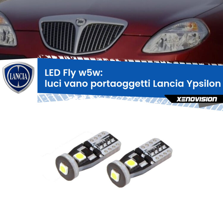 <strong>luci vano portaoggetti LED per Lancia Ypsilon</strong> 843 2003 - 2011. Coppia lampadine <strong>w5w</strong> Canbus compatte modello Fly Xenovision.