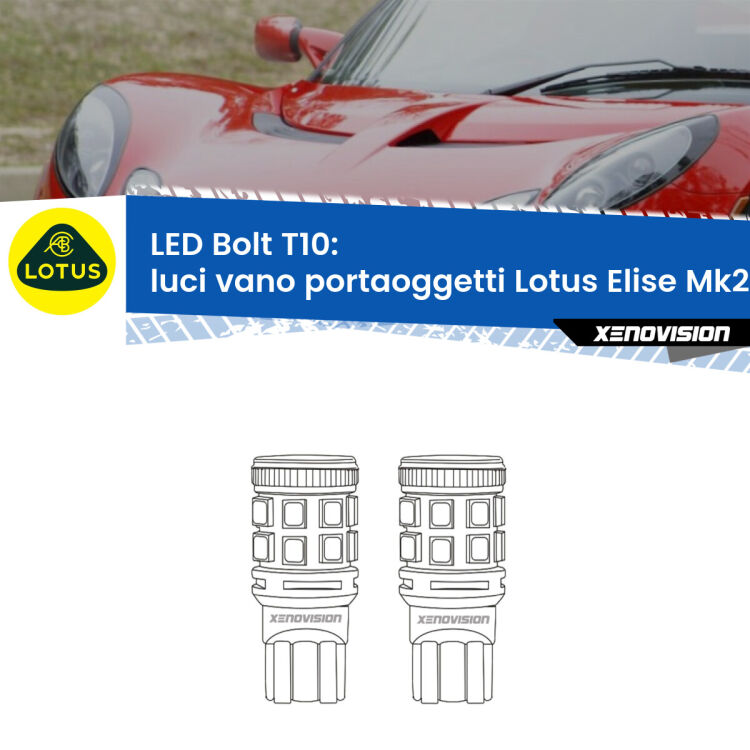 <strong>Luci Vano Portaoggetti LED per Lotus Elise</strong> Mk2 2000 - 2009. Coppia lampade <strong>T10</strong> modello Bolt canbus.