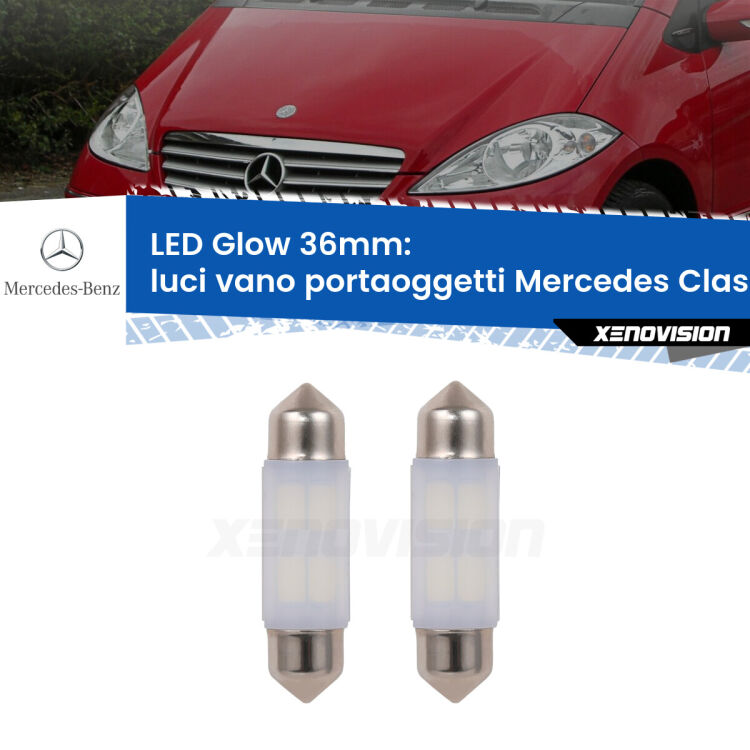 <strong>Luci Vano Portaoggetti LED luce calda per Mercedes Classe-A</strong> W169 2004 - 2012. Coppia lampade <strong>C5W</strong> 36mm modello Glow di Xenovision.