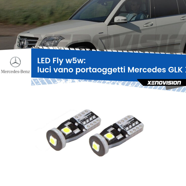 <strong>luci vano portaoggetti LED per Mercedes GLK</strong> X204 2008 - 2015. Coppia lampadine <strong>w5w</strong> Canbus compatte modello Fly Xenovision.