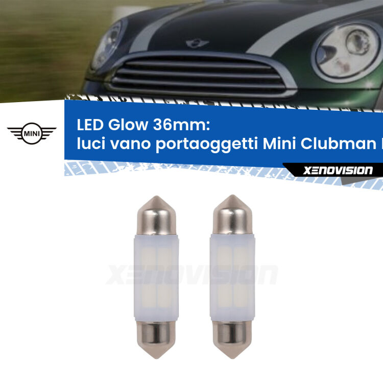 <strong>Luci Vano Portaoggetti LED luce calda per Mini Clubman</strong> R55 2007 - 2015. Coppia lampade <strong>C5W</strong> 36mm modello Glow di Xenovision.