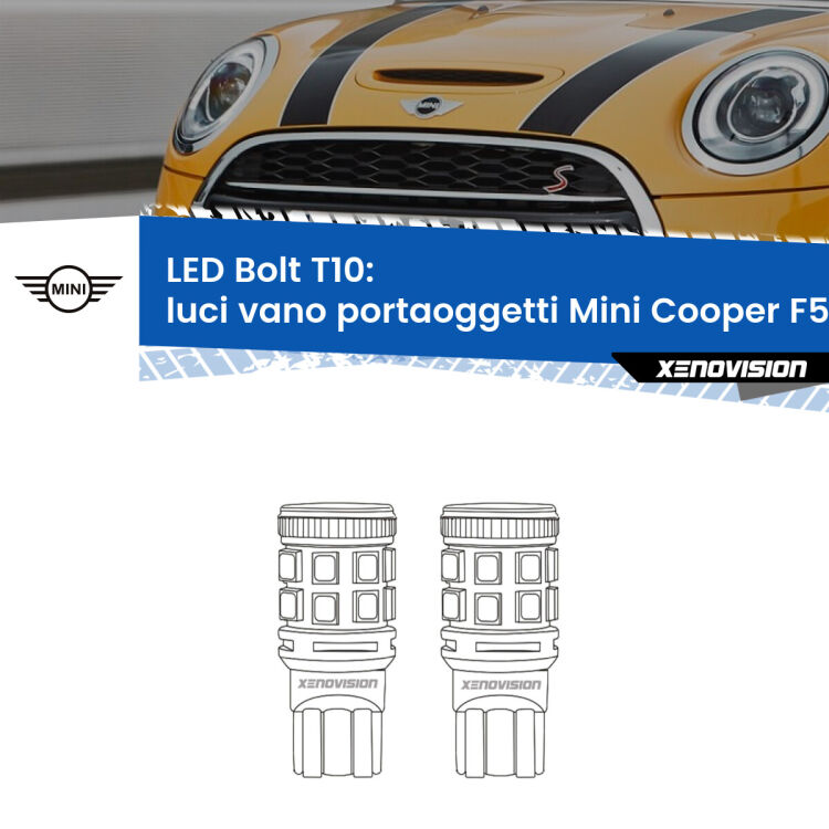 <strong>Luci Vano Portaoggetti LED per Mini Cooper</strong> F55 F56 2013 - 2017. Coppia lampade <strong>T10</strong> modello Bolt canbus.