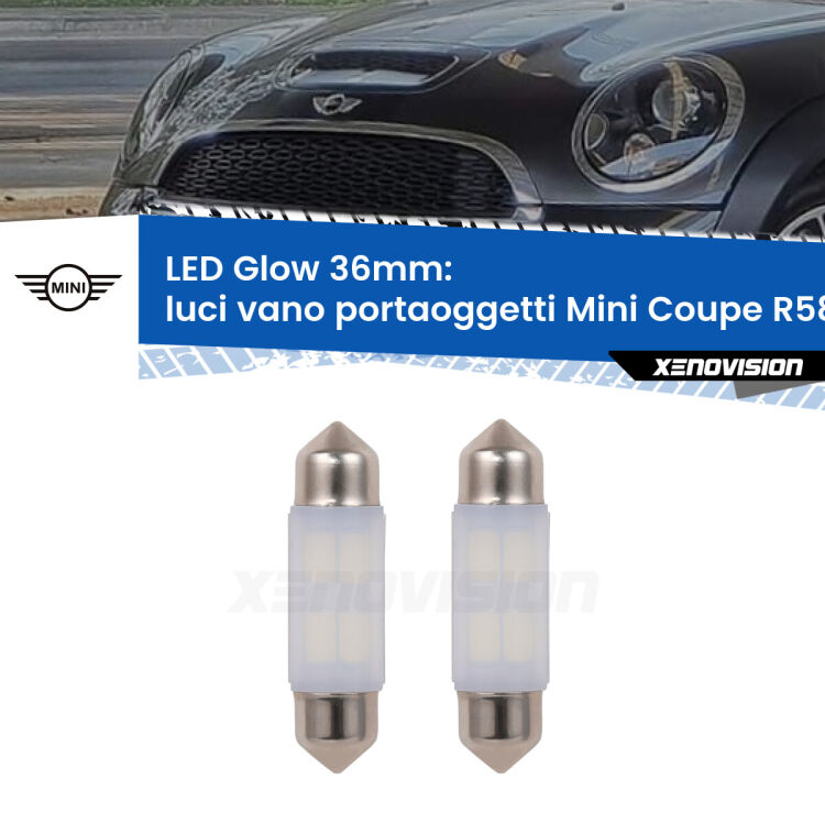 <strong>Luci Vano Portaoggetti LED luce calda per Mini Coupe</strong> R58 2011 - 2015. Coppia lampade <strong>C5W</strong> 36mm modello Glow di Xenovision.