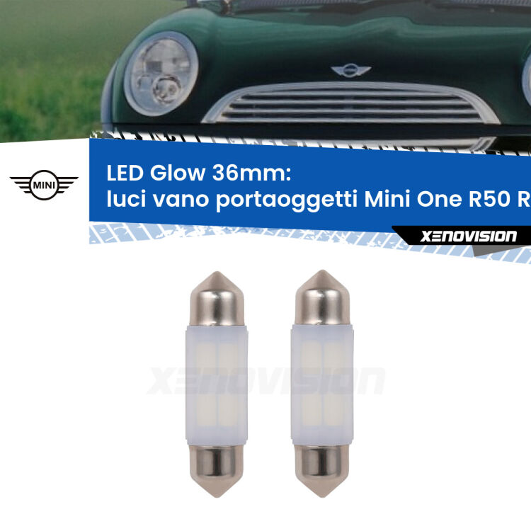 <strong>Luci Vano Portaoggetti LED luce calda per Mini One</strong> R50 R52 R53 2001 - 2006. Coppia lampade <strong>C5W</strong> 36mm modello Glow di Xenovision.