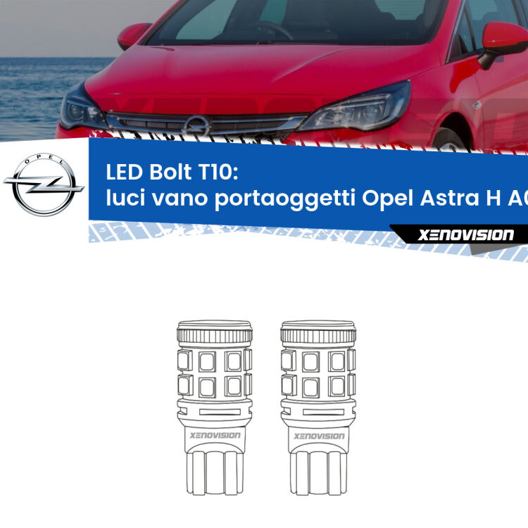 <strong>Luci Vano Portaoggetti LED per Opel Astra H</strong> A04 2004 - 2014. Coppia lampade <strong>T10</strong> modello Bolt canbus.